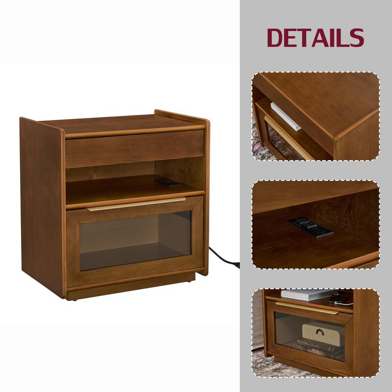 Nightstand with Charging Station and Outlet Hole and 2 Drawers