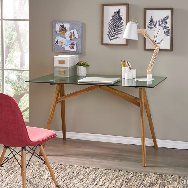 slide 2 of 8, Croxton Mid-Century Glass and Acacia Wood Desk by Christopher Knight Home Green Glass + Natural Stained