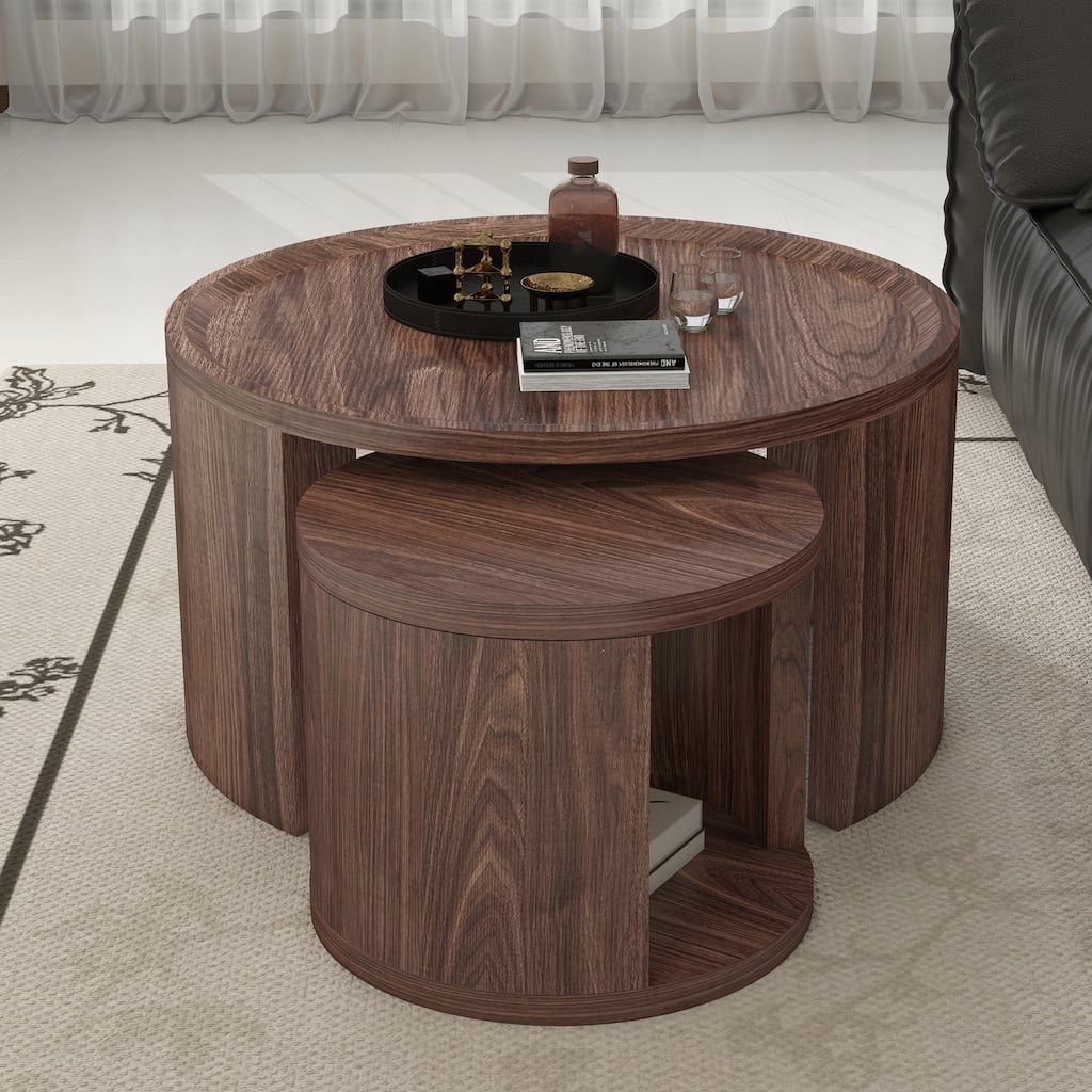 Round Nesting Table Coffee Table Set of 2 for Living Room, Side Table Minimalist Brown Wood Center Table