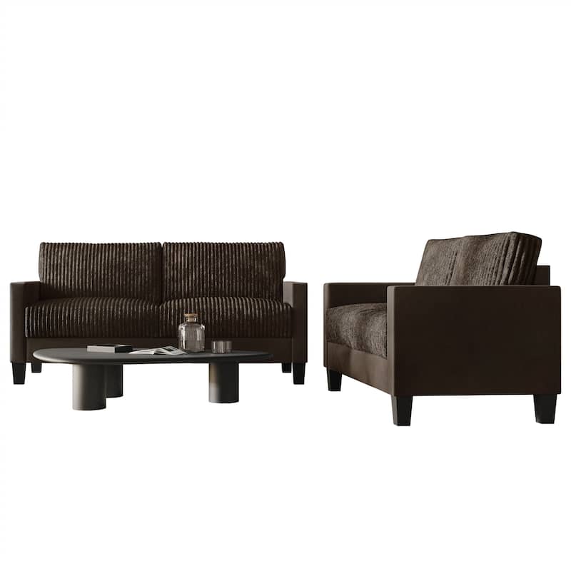 CraftPorch Corduroy Mid-Century Modern Velvet Upholstered 2-Piece Living Room Set - Brown