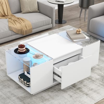 LED Coffee Table with Open Storage Compartment and 2 Hidden Drawers, Modern Center Table with High-Gloss Finish & Glass Tabletop