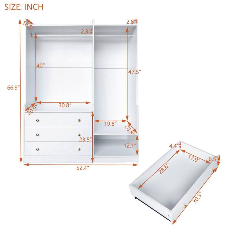 Open Style Wardrobe Closet with 3 Large Storage Drawers and Hanging Rods, Modern Armoire Clothing Organizer with Storage Shelves