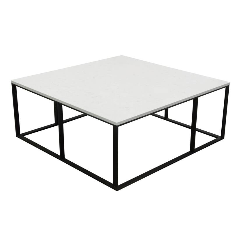 Lify Cocktail Coffee Table, Modern 39 Inch Square White Marble Top, Black Base