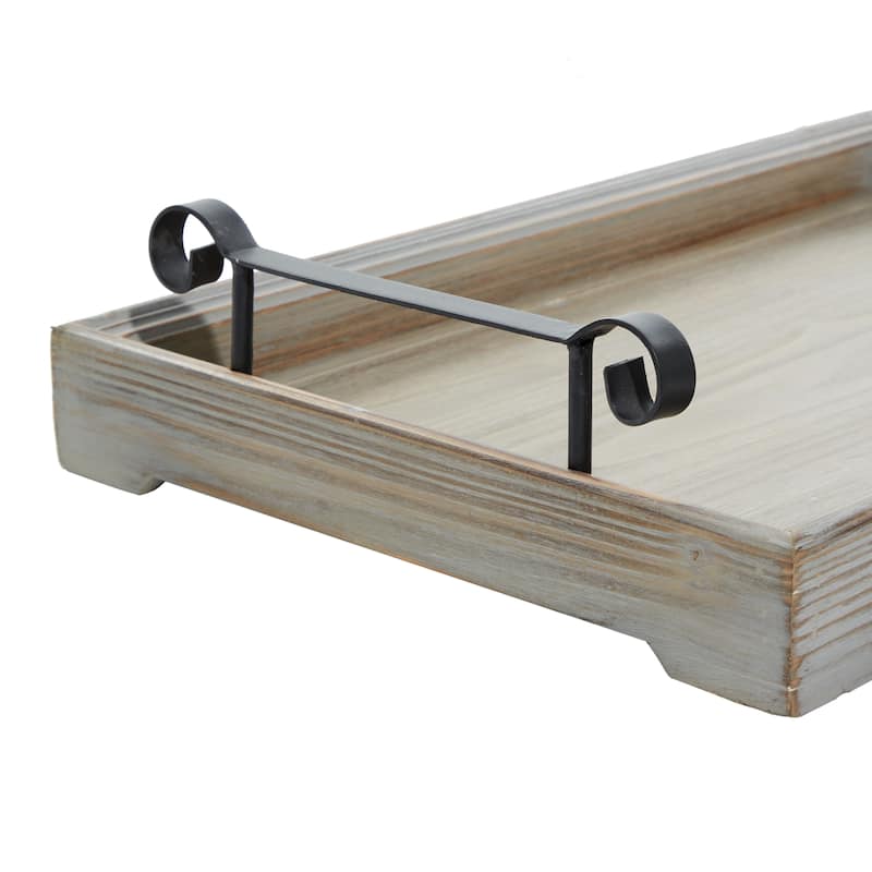 Beige Wood Living Room Decor Tray with Metal Handles (Set of 2) - 20 x 13 x 4