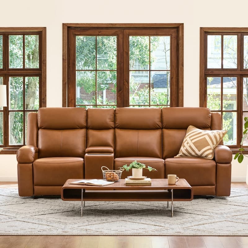 Spruce & Spring Hadlee Genuine leather Reclining Sofa with Multi-Function Console. - 3PC+Console - Saddle