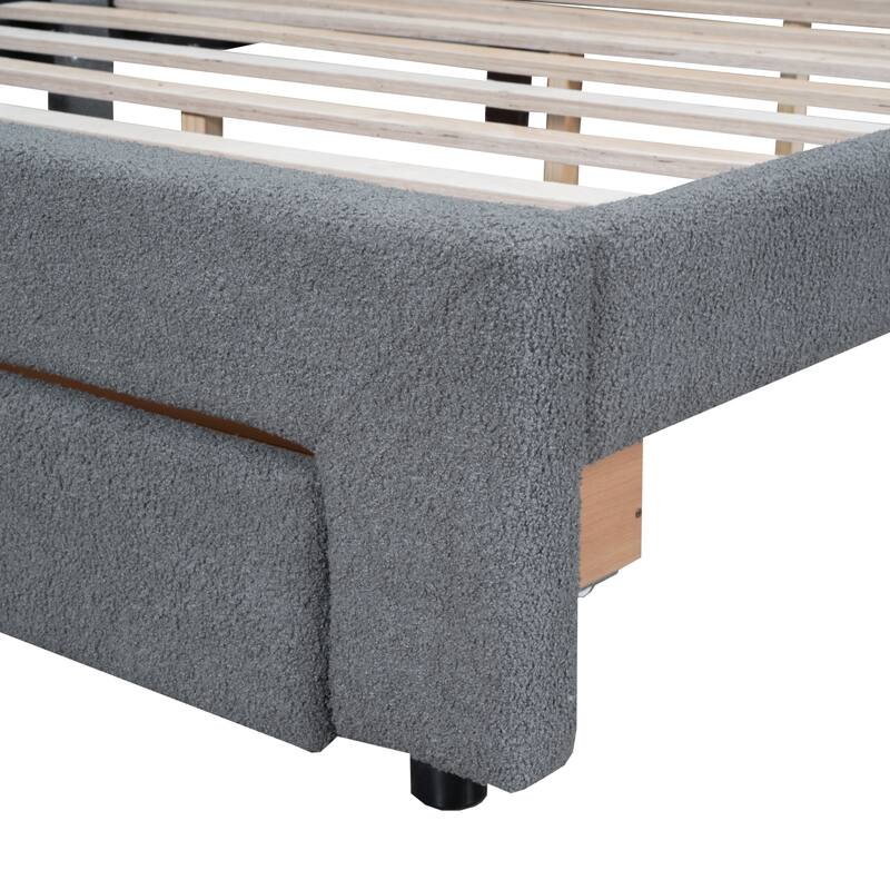 Teddy Fleece Queen Platform Bed with USB Charging Ports, Storage Drawer, and Remote-Controlled LED Lights