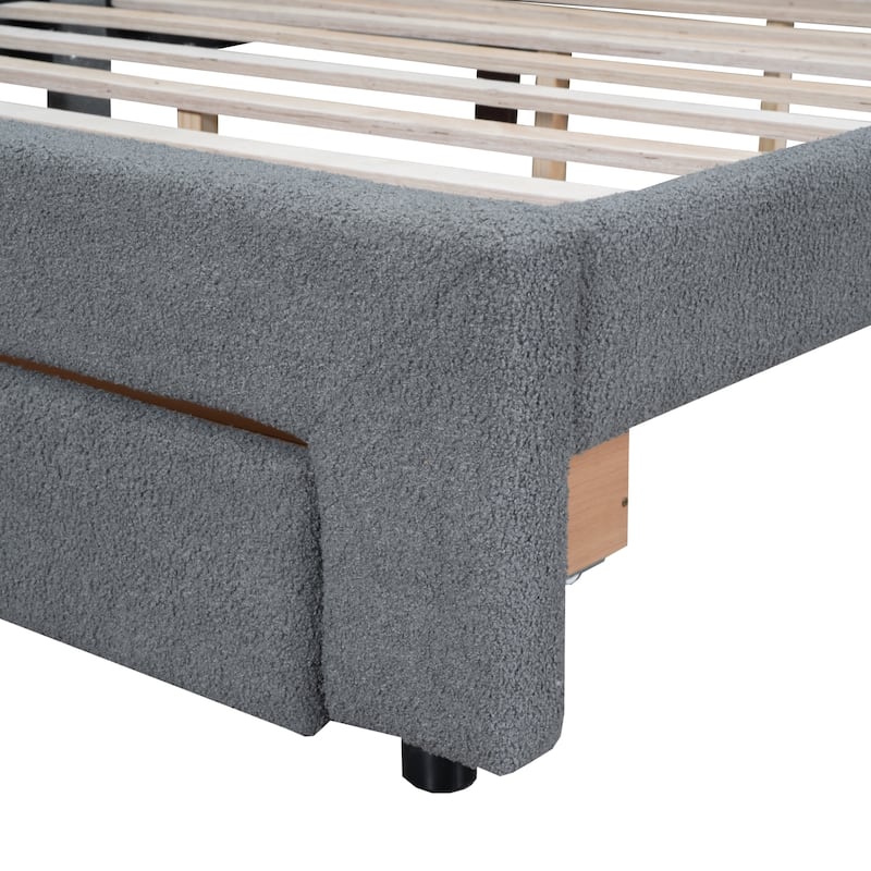 Teddy Fleece Queen Size Upholstered Platform bed with Drawer, Gray
