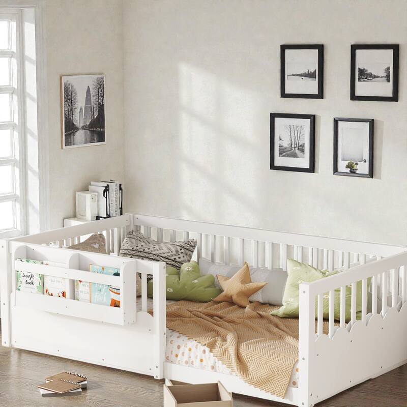Twin Floor Bed with Heightened Fence and Bookshelf, Wooden Montessori Floor Bed for Kids, Low Profile Design