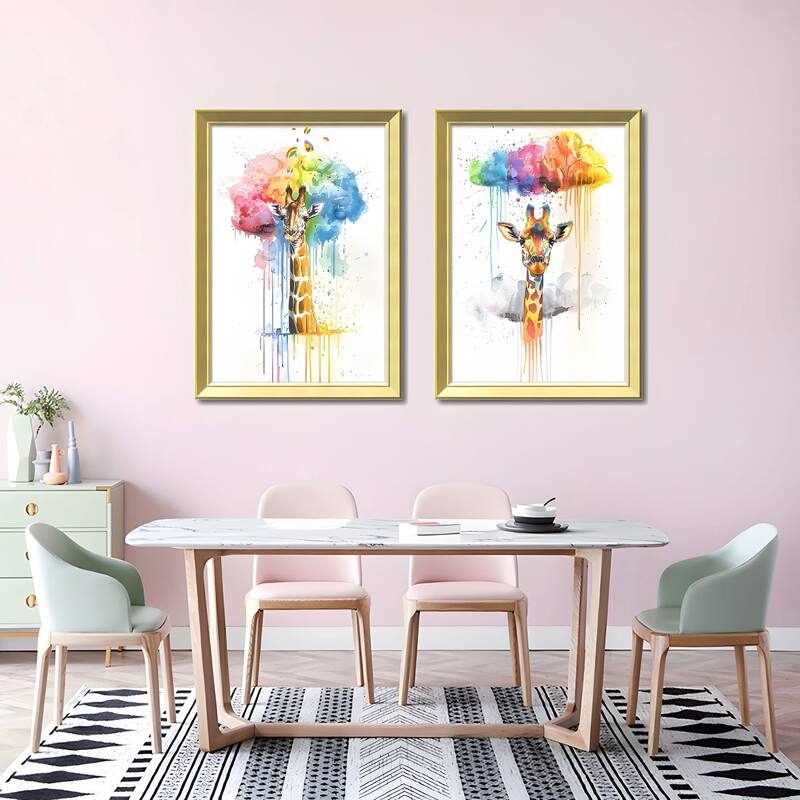 Set of 3 Colorful Giraffe Framed Wall Art - Replaceable Canvas Prints with Solid Wood Picture Frames, Creative Animal