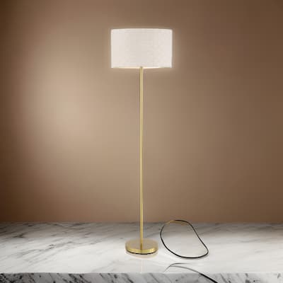 Nek 66 Inch Floor Lamp, Basketweave Drum Shade, Ivory Fabric, Gold Metal