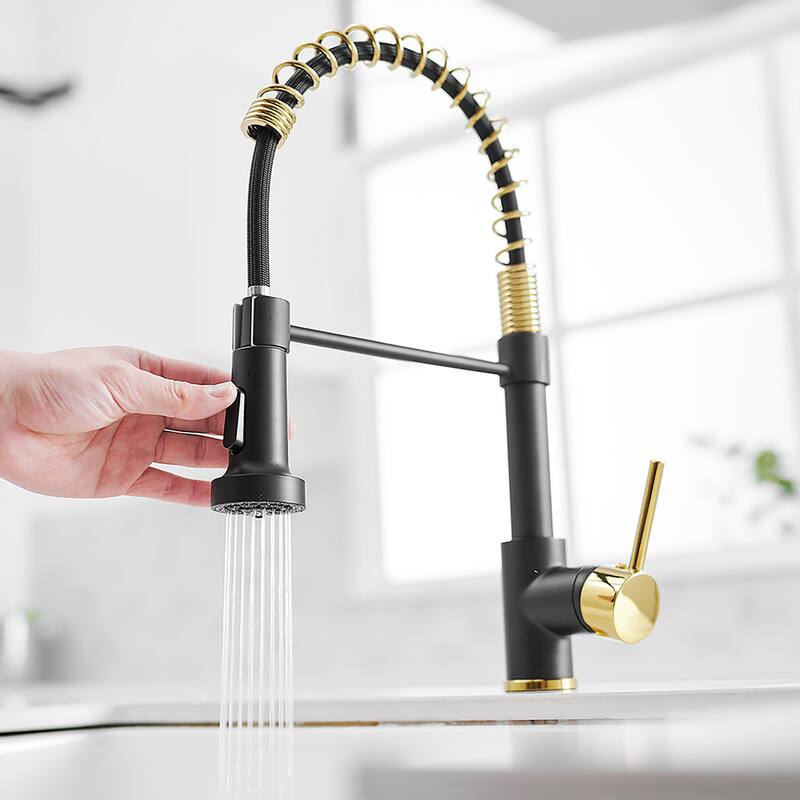 Single Spout Pull Down Black and Gold Kitchen Sink Faucet