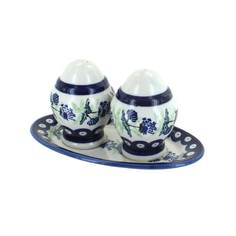 Blue Rose Polish Pottery 1282 Zaklady Salt & Pepper Shakers with Plate - Sweet Annie