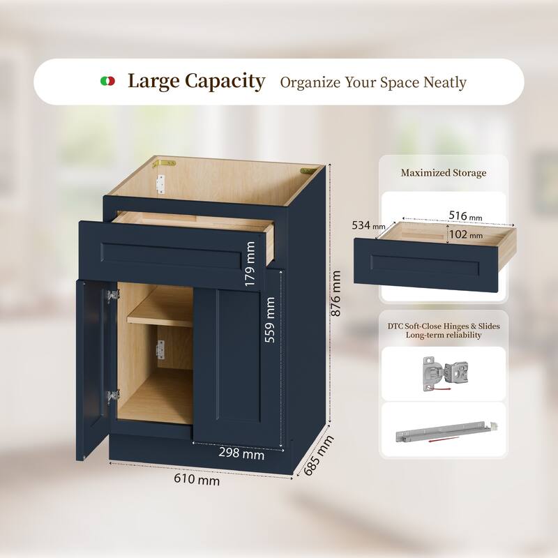 24" Navy Blue Shaker Base Cabinet with Soft-Close Door,Drawer,Space-Saving Solid Wood Unit with Adjustable Shelf for Kitchen