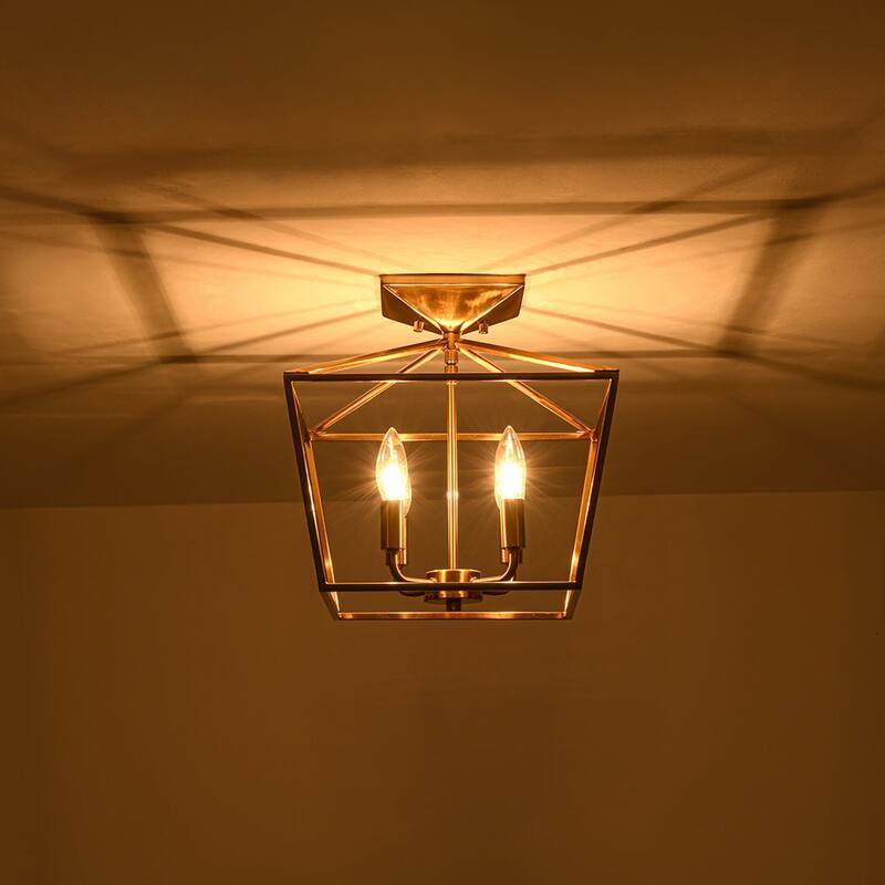 French Country Candle Iron Square Cage Semi Flush Ceiling Lantern