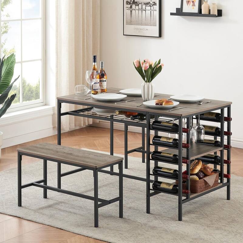 Dining Table Set with 2 Benches and Storage Shelf, Rectangular Table for Small Dining Area or Apartment