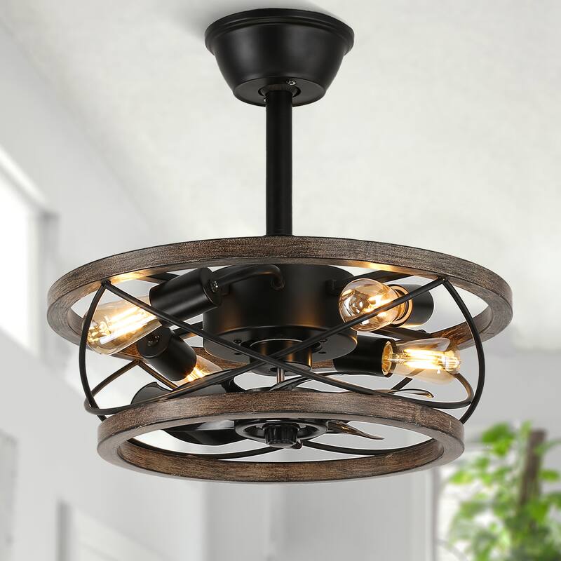 18" Rustic Wood Caged Flush Mount Ceiling Fan, 3-Speed Farmhouse Reversible Ceiling Fan with Light Kit and Remote Control