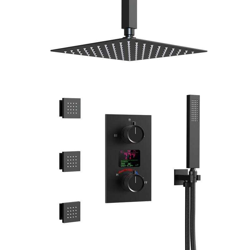 LCD Temperature Display 12" High-Pressure Shower System With Pressure Balancing Diverter Valve - 12-Inch