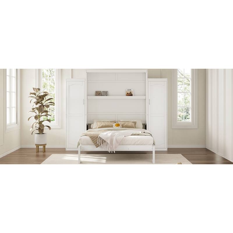 Queen Size Foldable Murphy Bed with Wardrobes and Storage Shelf, Space-Saving Platform Bedframe for Guest-Room, White