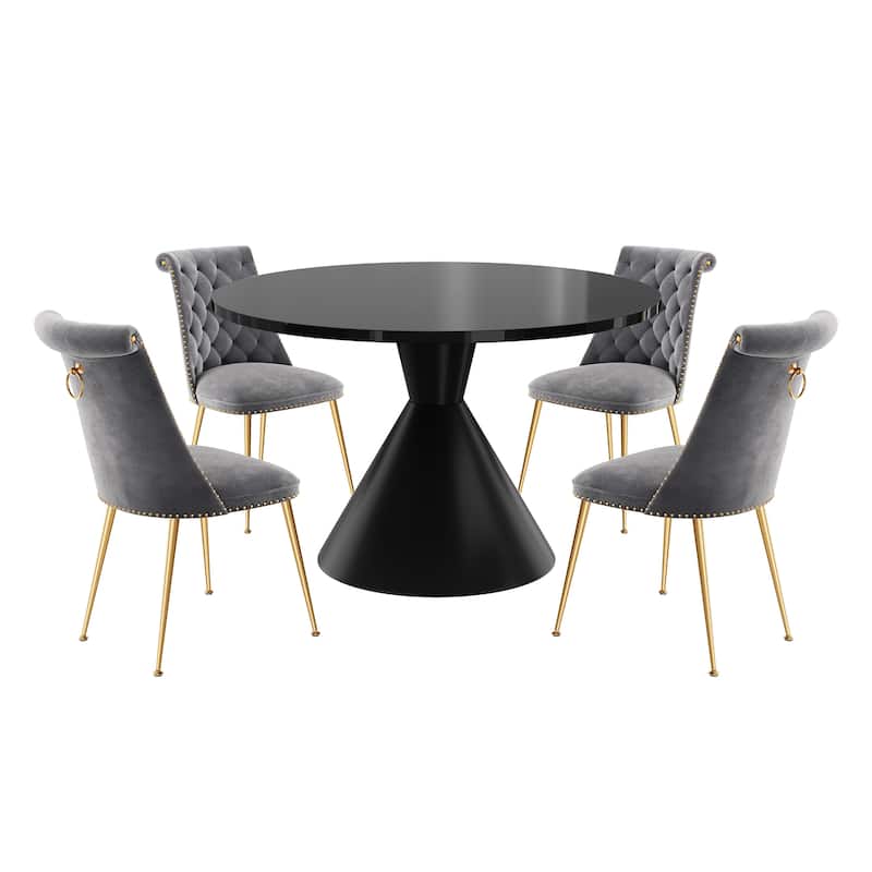 Clihome 5-Piece Black Large Table With Velvet Chair Dining Set - Grey