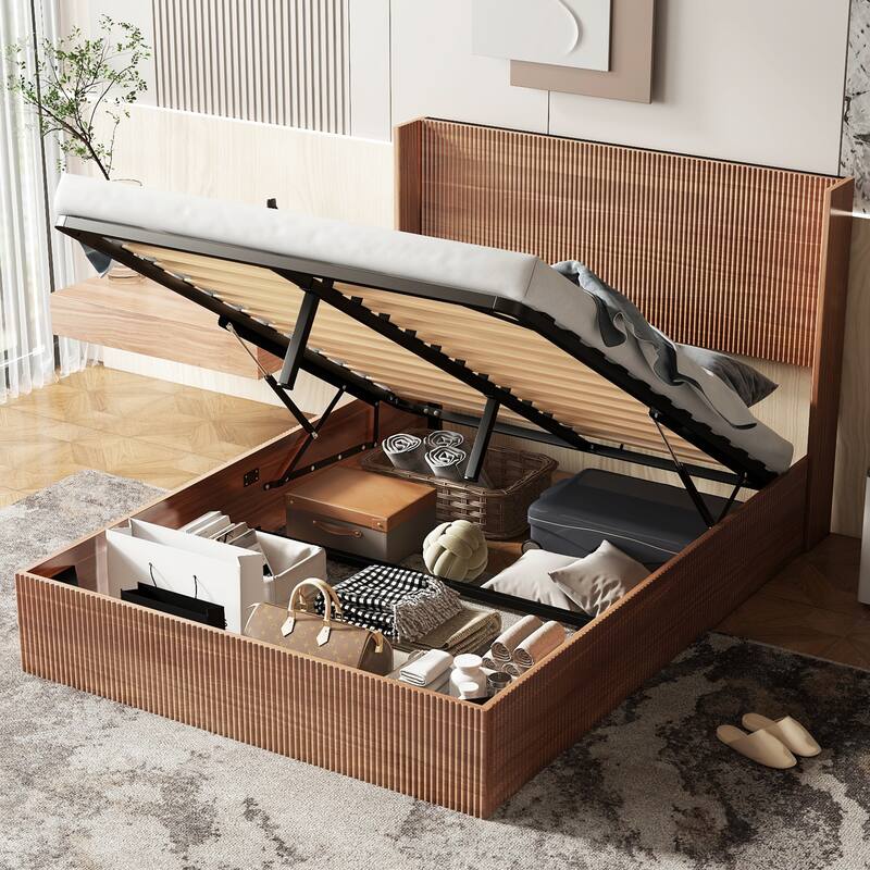 Large Grooved Undulating Lift Storage Bed Frame, Wooden Platform Bed Frame With Lift Storage,No Spring Box Queen)