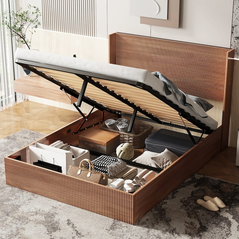 Queen Size Wooden Platform Bed Frame with Lift Storage, Rustic Brown, No Spring Box Required