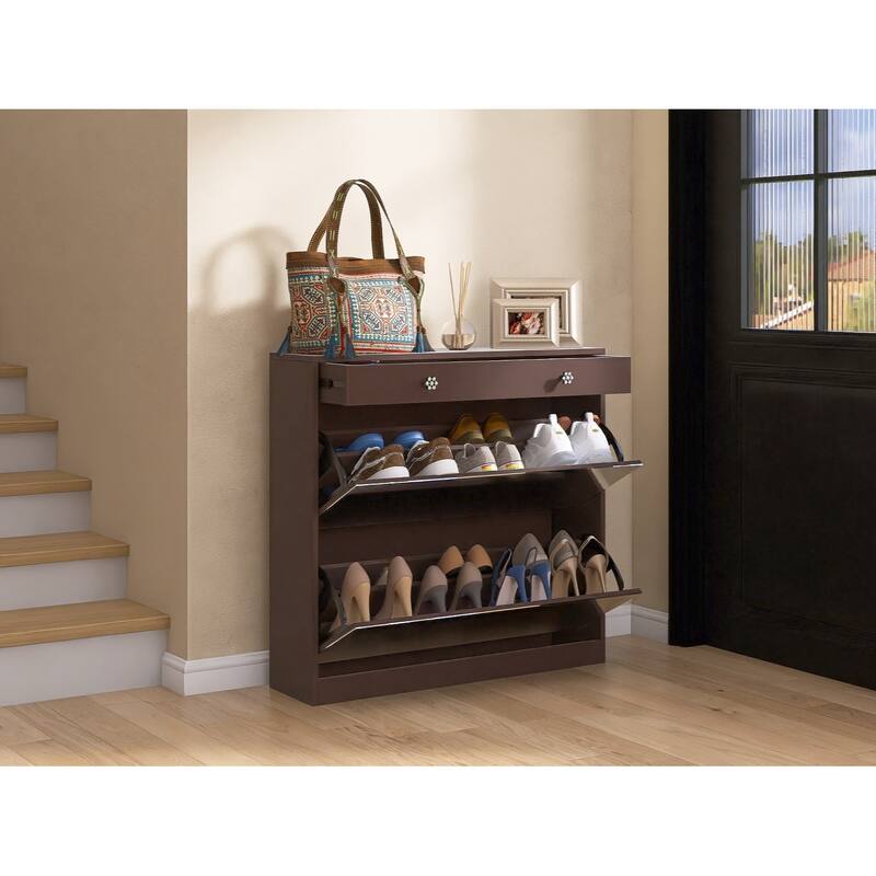 Mirror Shoe Cabinet with 2 Tier Drawers, Mirror Shoe Rack With 1 Drawer Storage