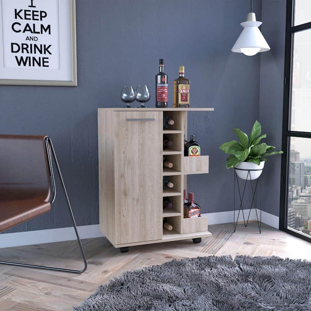 Bar Cart, Four Casters, Single Door Cabinet, Two External Shelves, Light Gray