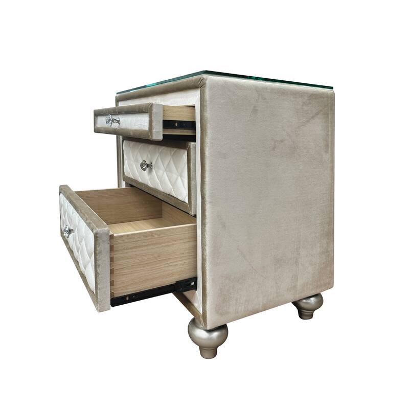 Beige Velvet Nightstand with Tufted Drawers and Velvet Lining