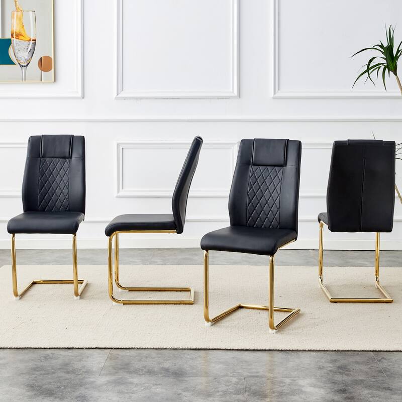 Plaid High Back Dining Chair PU Leather Soft Cushion Accent Side Chair Living Room Armless Dining Chair, Set of 6, Black