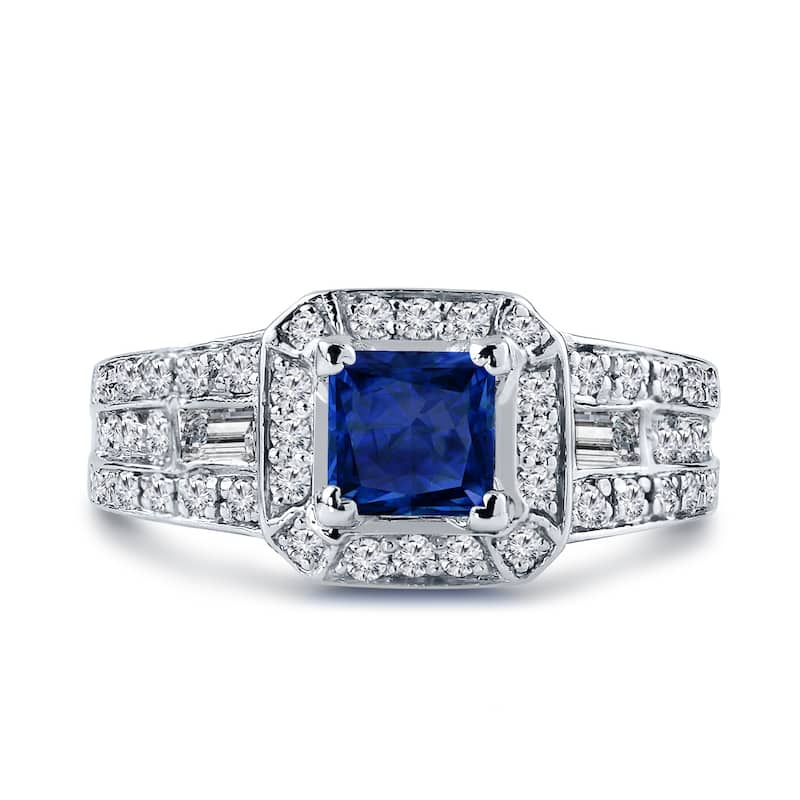 Auriya 18k Gold Art Deco 3/4ct Princess Sapphire and 1 3/8ctw Halo Diamond Engagement Ring (F-G, I1-I2)