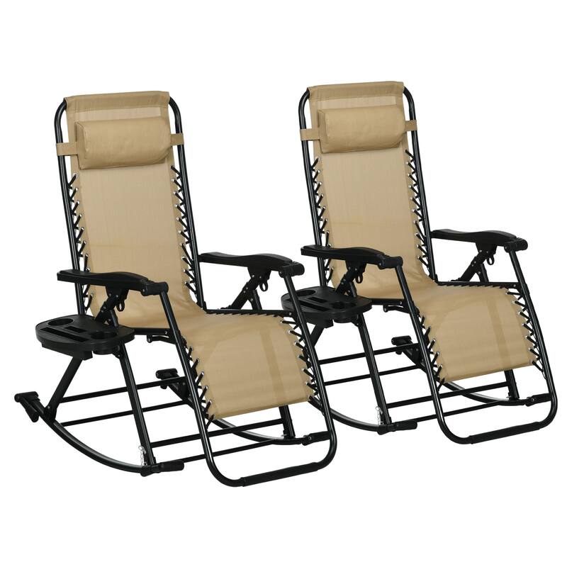 2 Pieces Folding Chaise Lounge Chair with Cup Holder Tray & Footrest, Outdoor Water-proof Reclining Rocking Chair