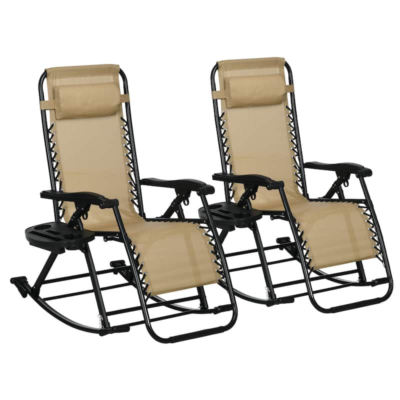 2 Pieces Outdoor Rocking Chairs, Foldable Reclining Zero Gravity Lounge Rocker with Pillow, Cup & Phone Holder, - Beige