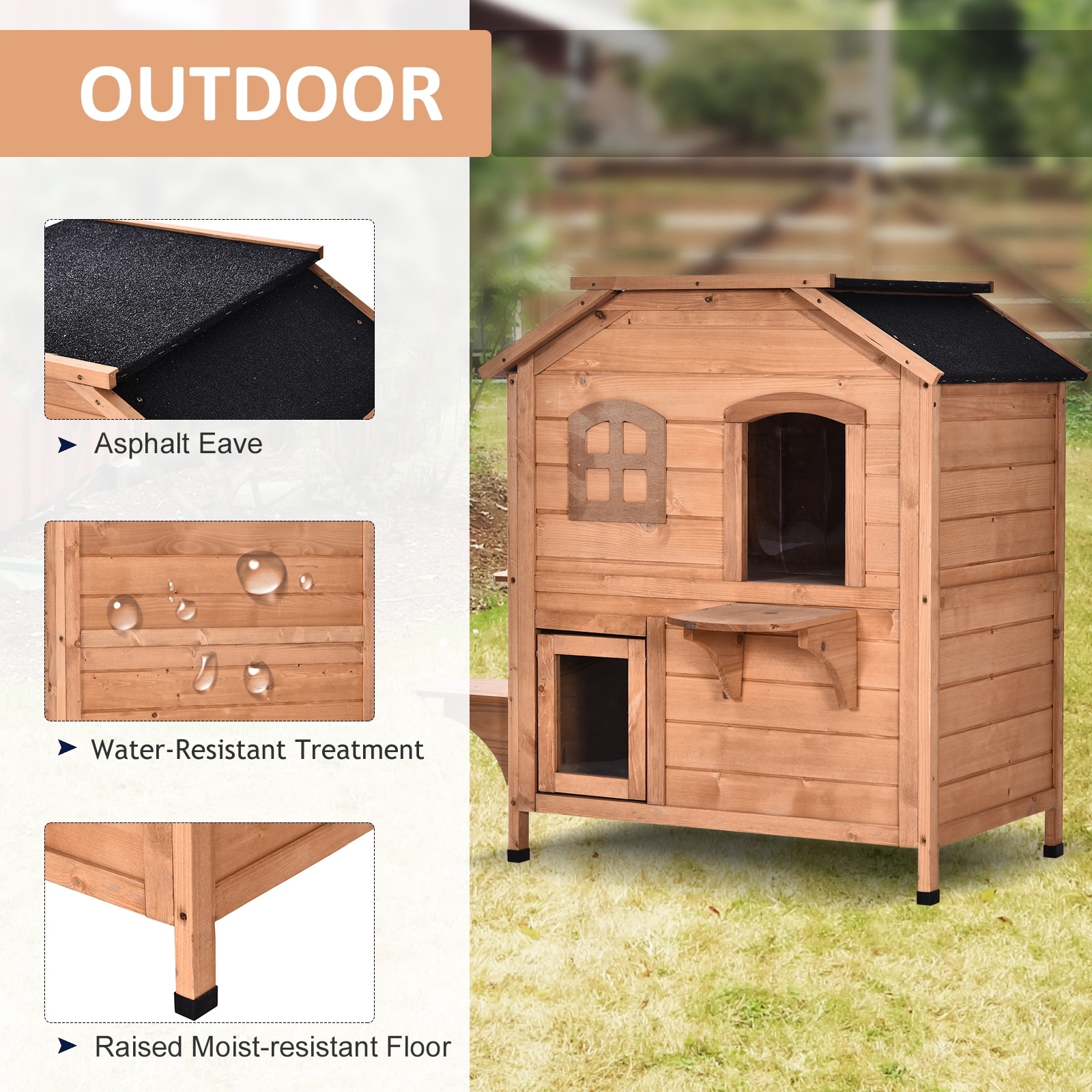 PawHut Fir Wood 2-Story Outdoor Cat House, Wooden Feral Cat 