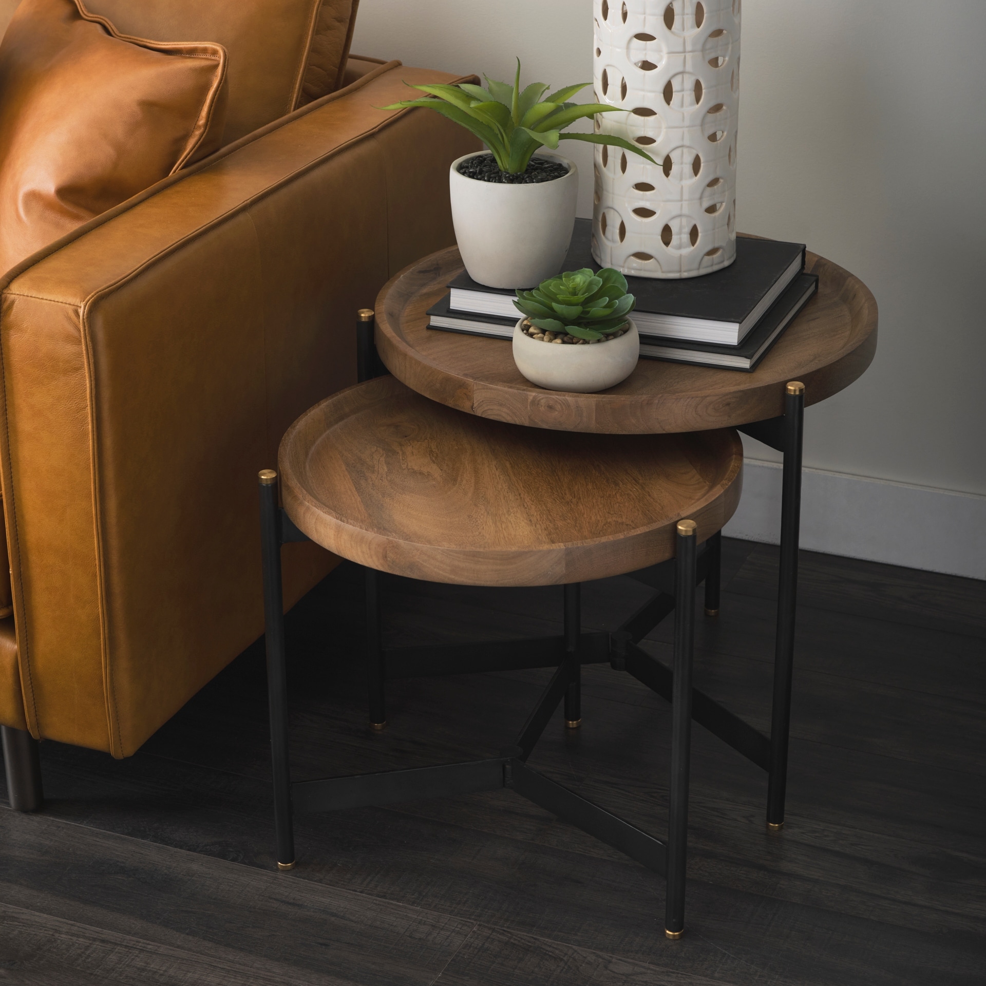 Mercana Marquisa Brown Solid Wood With Black Iron Base Nesting Side Tables (Set of 2) - 22.5L x 22.5W x 20.8H