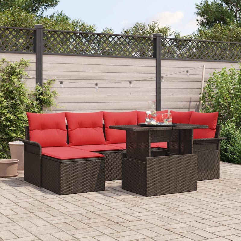 vidaXL 7 Garden Sofa Set with Cushions Black/Brown/Grey Poly Rattan - 95.5 x 52.2 x 27.2 - Brown