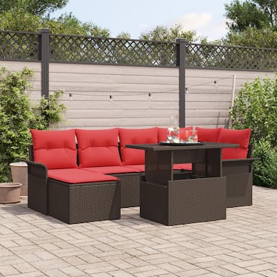 vidaXL 7 Garden Sofa Set with Cushions Black/Brown/Grey Poly Rattan - 95.5 x 52.2 x 27.2