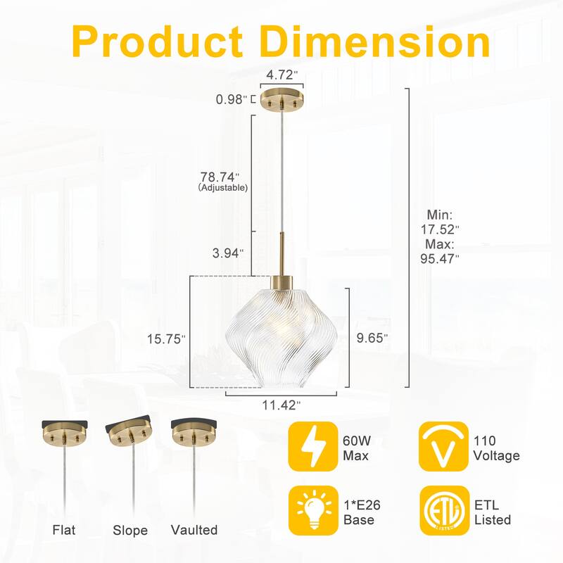 Modern Gold Kitchen Island Pendant Light with Clear Glass Shade - Dia.11.42-in