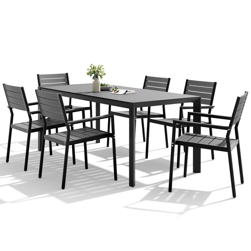 Set of 7 Outdoor Patio Dining Set WoodLike Table Top Aluminum Rectangular Umbrella Hole Table with Stackable Dining Chairs