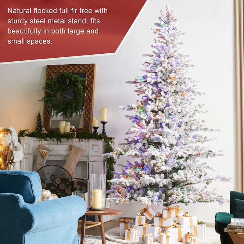 Glitzhome 7.5ft/9ft Pre-Lit Flocked Full Fir Artificial Christmas Trees with Foot Pedal
