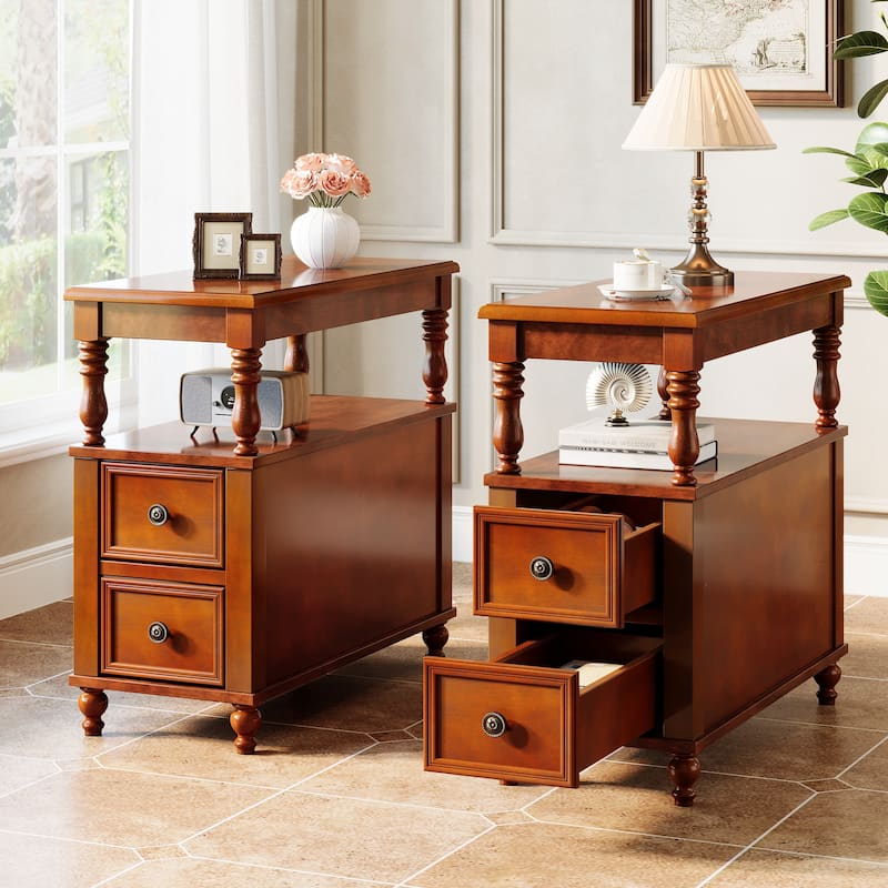 Solid Wood 2-Drawers End Table - BROWN-2PCS