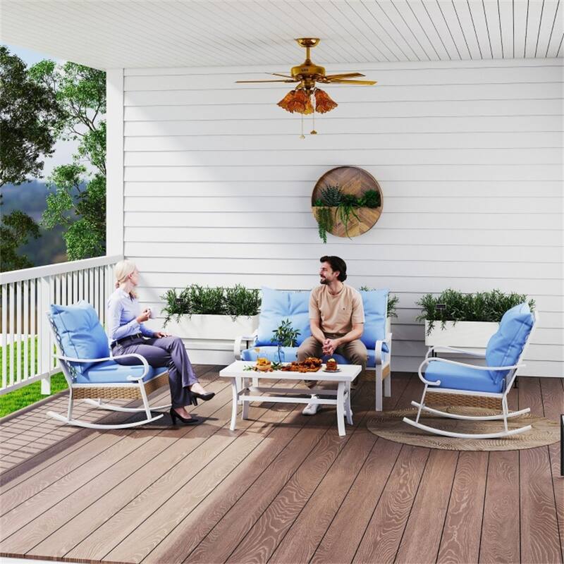 4-Piece Outdoor Patio Furniture Set PE Rattan Rocking Chairs Loveseat and Coffee Table with Cushions for Garden Balcony Deck