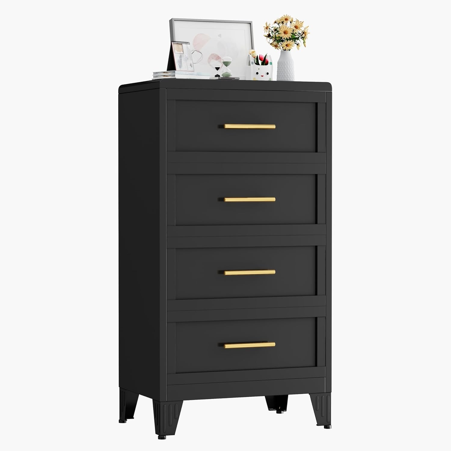 Tall Narrow Metal Dresser with 4 Drawers, 44.45 Inch Height, Black Finish for Bedroom, Living Room, or Hallway