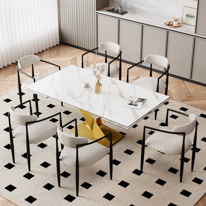 9 - Piece 94.48'' Modern Minimalist Extendable Sintered Stone Top Dining Set with 8 Fabric Chair