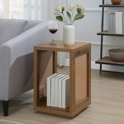 Square Weave End Table with Two Tier Shelves, Rattan Accent Sides and Modern Boho Inspired Storage Solution - 15.75
