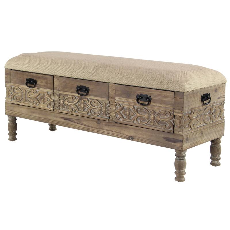 Brown Wood Intricately Carved Floral Storage Bench with Cream Burlap Top