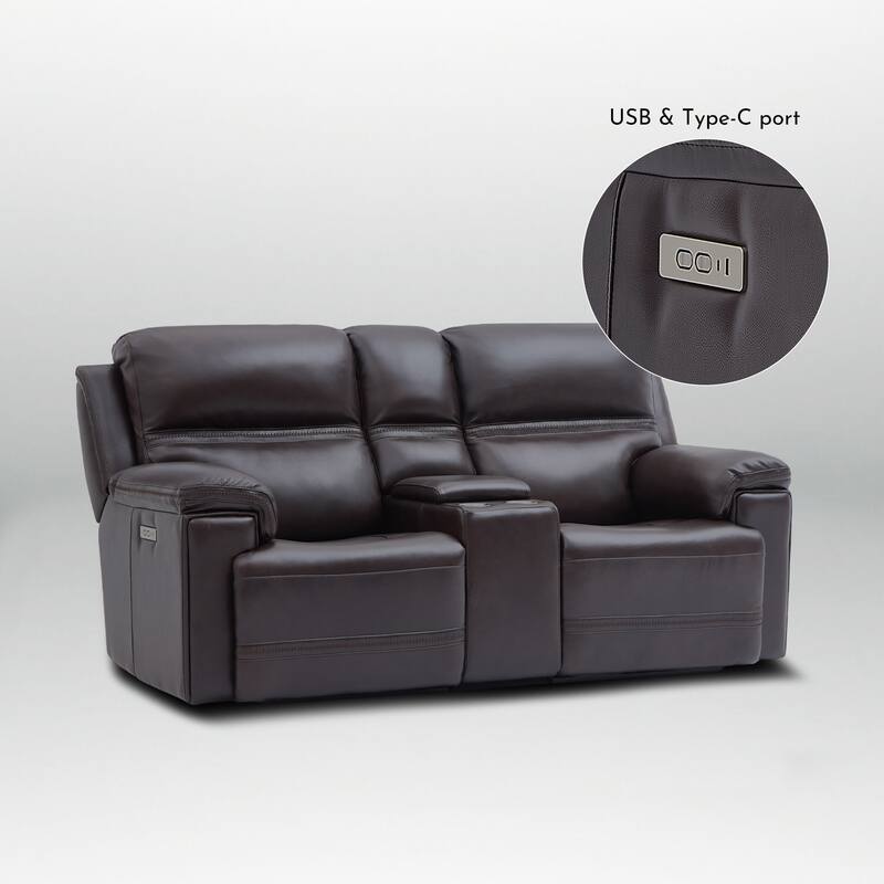 Genuine Leather Dual Power LoveSeat with Console, Adjustable Headrest, Footrest, USB/Type-C & Zero Gravity