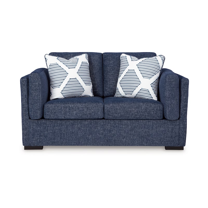 Marcy Loveseat with 2 Throw Pillows, Navy Blue Polyester 66 Inch