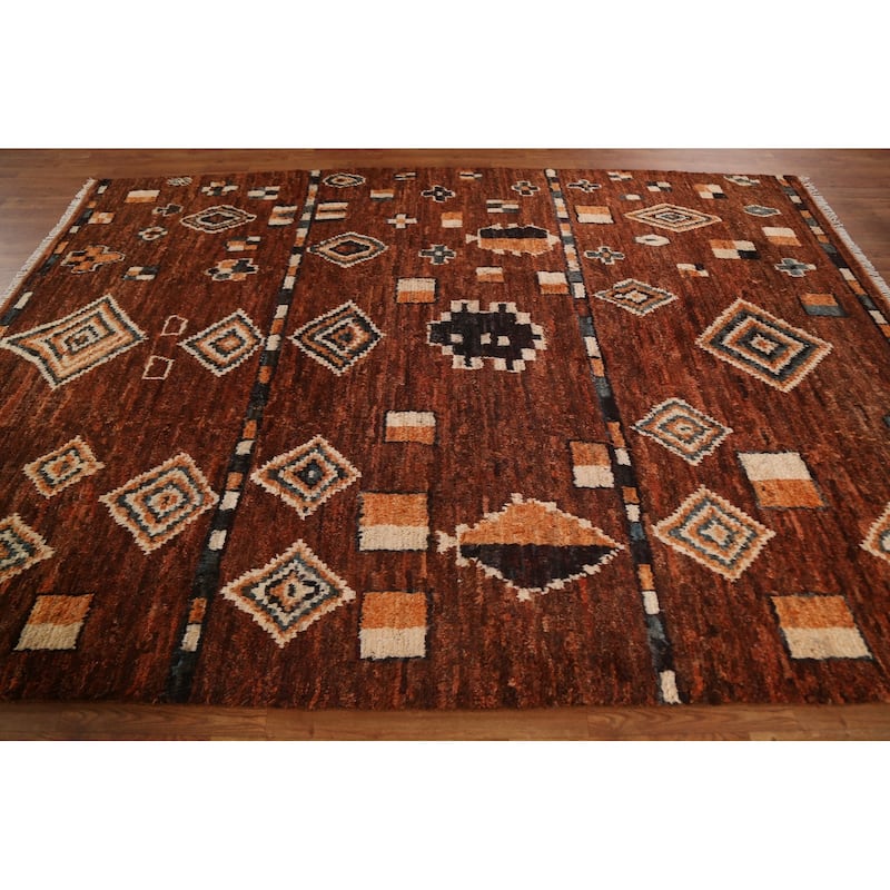 Hand Knotted Oriental 100% Wool Carpet Modern Tribal Brown Moroccan Area Rug - 9' 6'' X 6' 9''