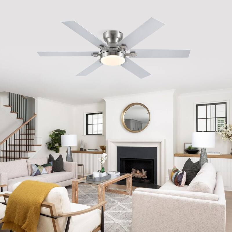 52 Inches Nickle Flush Mount Ceiling Fan with Light,3 Color Temperature LED,Reversible DC Motor - 52 Inches