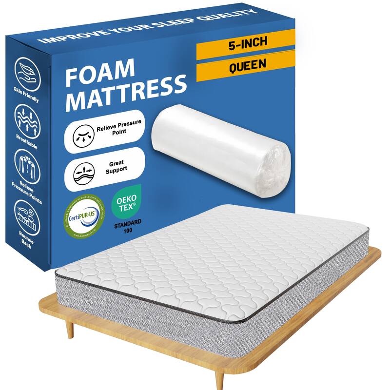 5-Inch Medium Firm High Density Foam Mattress, Comfortable Mattress for Cooler Sleep, Supportive & Pressure Relief, White - Queen